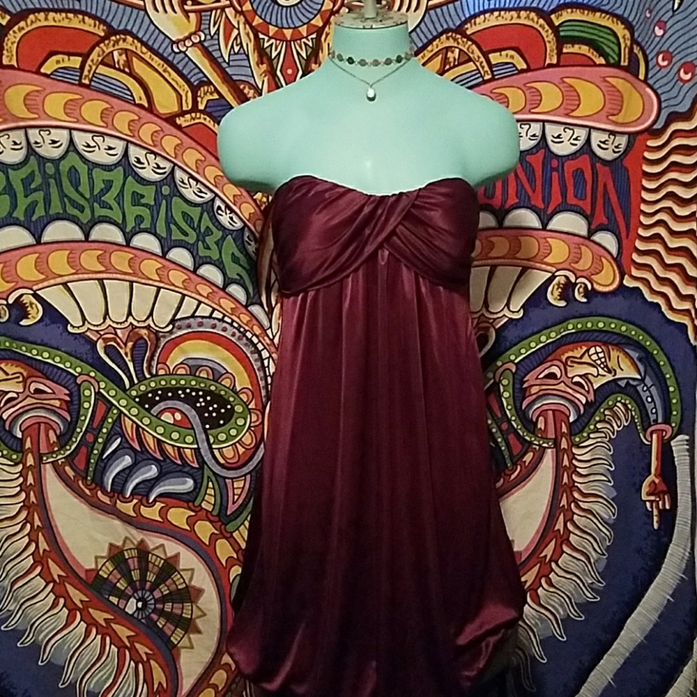 Merlot colored satin strapless mini dress